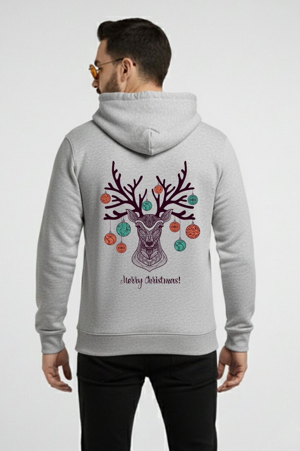 Men’s Christmas Hoodie – Artistic Reindeer & Ornament Back Design