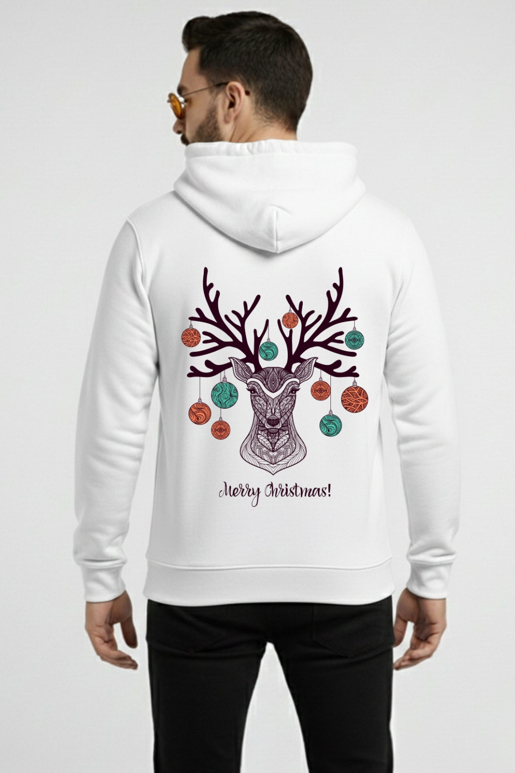 Men’s Christmas Hoodie – Artistic Reindeer & Ornament Back Design
