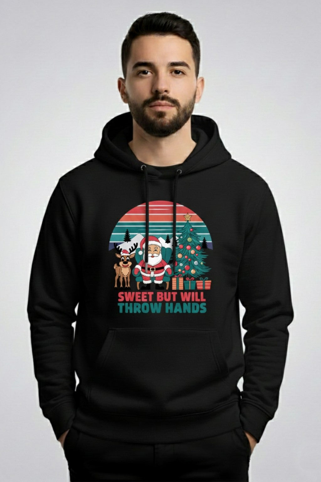Men’s Santa Christmas Hoodie – Funny “Sweet But Will Throw Hands” Print