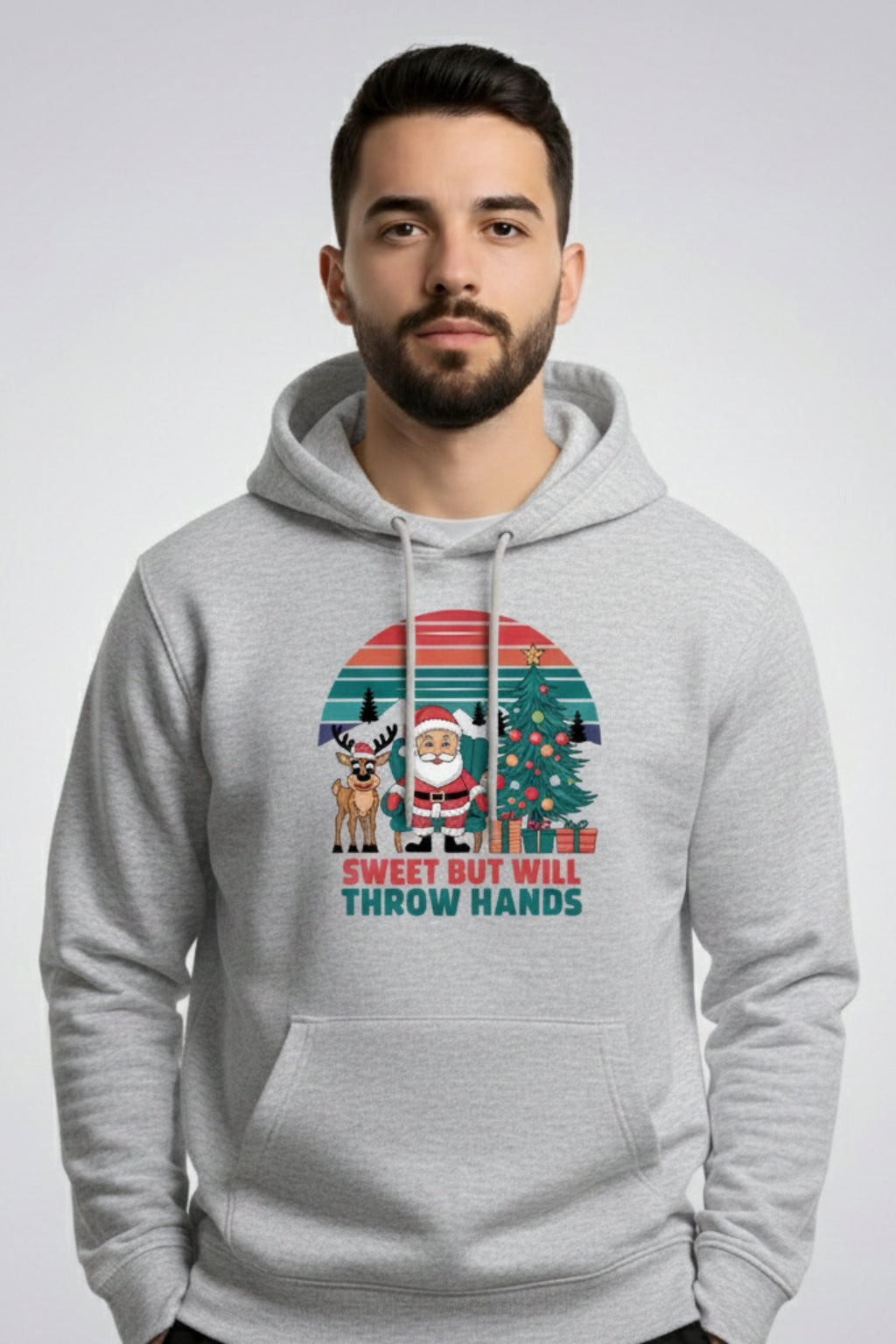 Men’s Santa Christmas Hoodie – Funny “Sweet But Will Throw Hands” Print