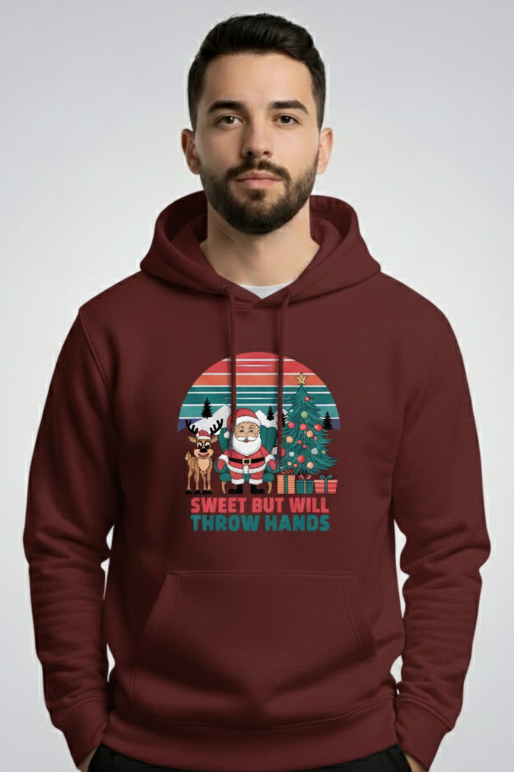 Men’s Santa Christmas Hoodie – Funny “Sweet But Will Throw Hands” Print