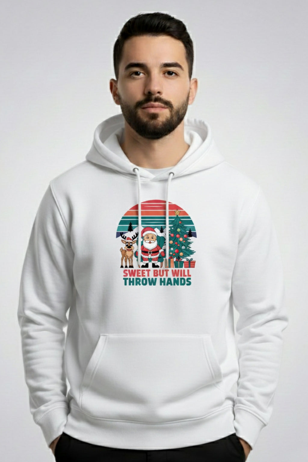 Men’s Santa Christmas Hoodie – Funny “Sweet But Will Throw Hands” Print
