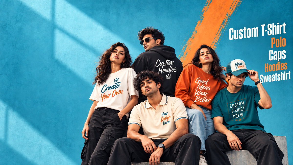 Five models wearing custom apparel, including a white graphic T-shirt, a black hoodie with 'Custom Hoodies' on the back, an orange sweatshirt, a white polo with 'Your Local Hero' text, and a green crewneck sweatshirt, posed against a bright blue and orange background with text reading 'Custom T-Shirt Polo Caps Hoodies Sweatshirt'.