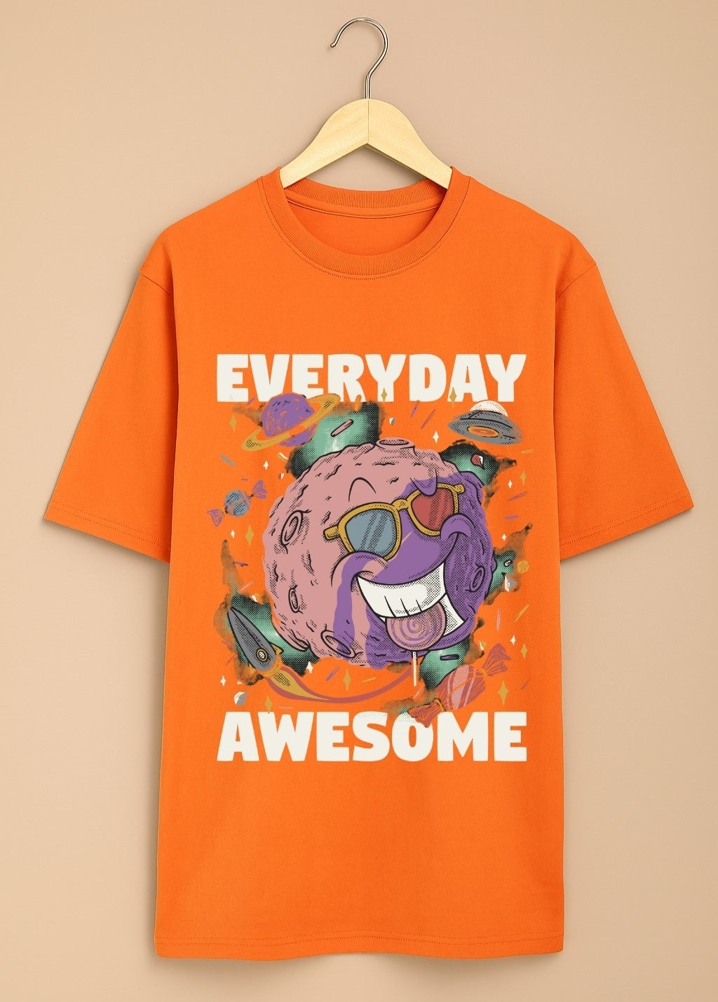 Men's Oversized Cotton T-Shirt - Orange Cartoon Graphic Tee - Orange