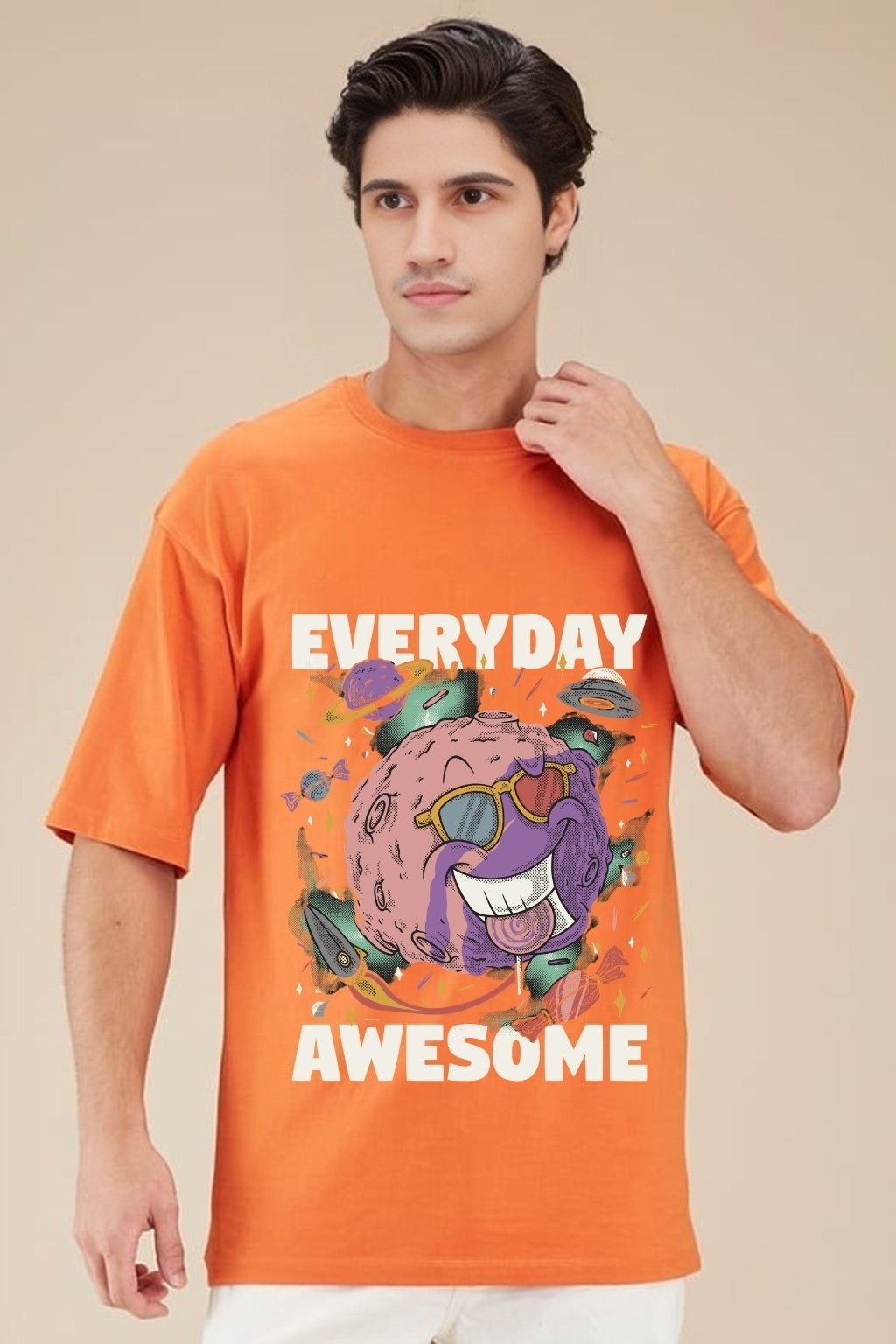 Men's Oversized Cotton T-Shirt - Orange Cartoon Graphic Tee - Orange