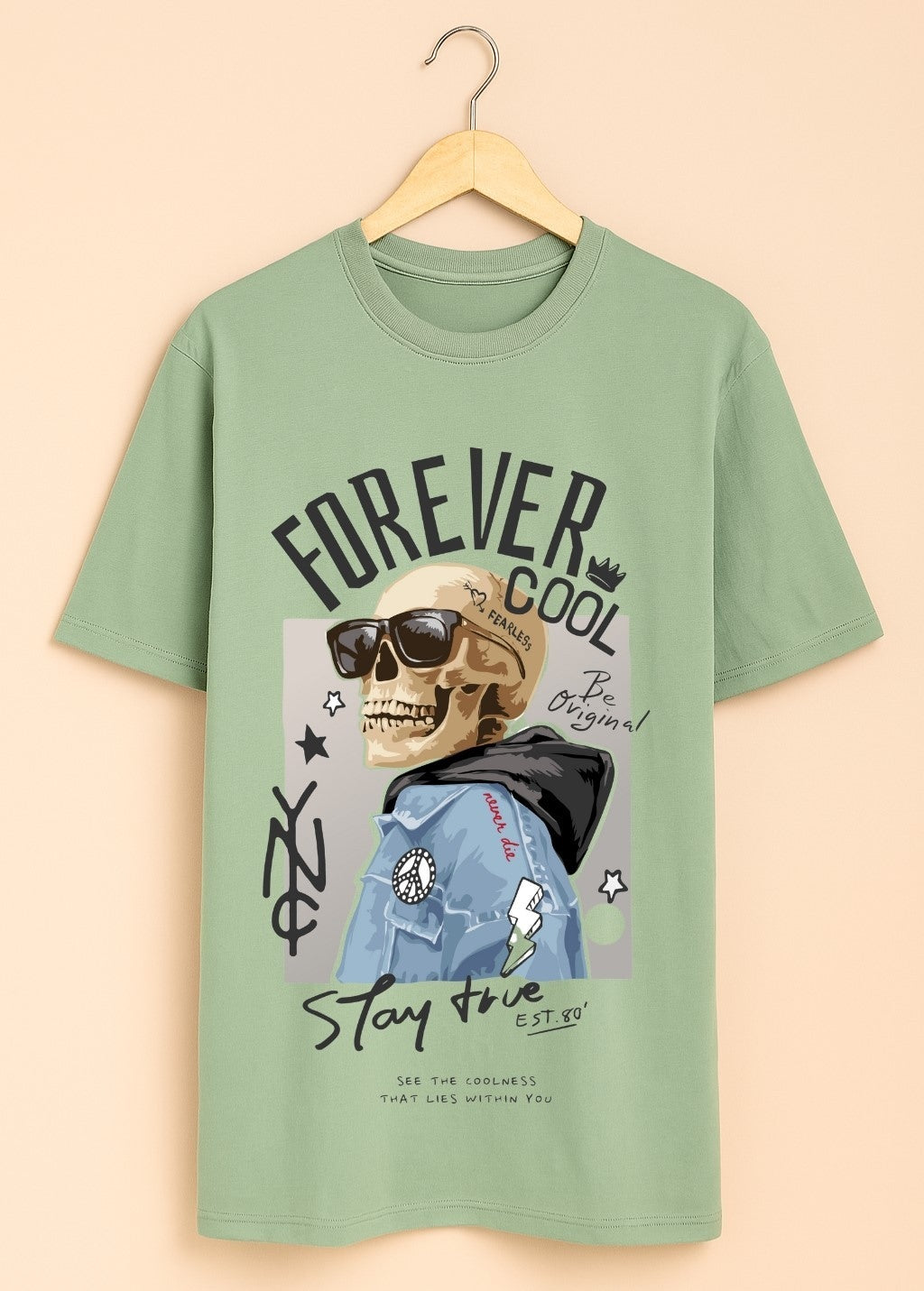 Men's Oversized Cotton T-Shirt - Sea Green Graphic Streetwear Tee - Green