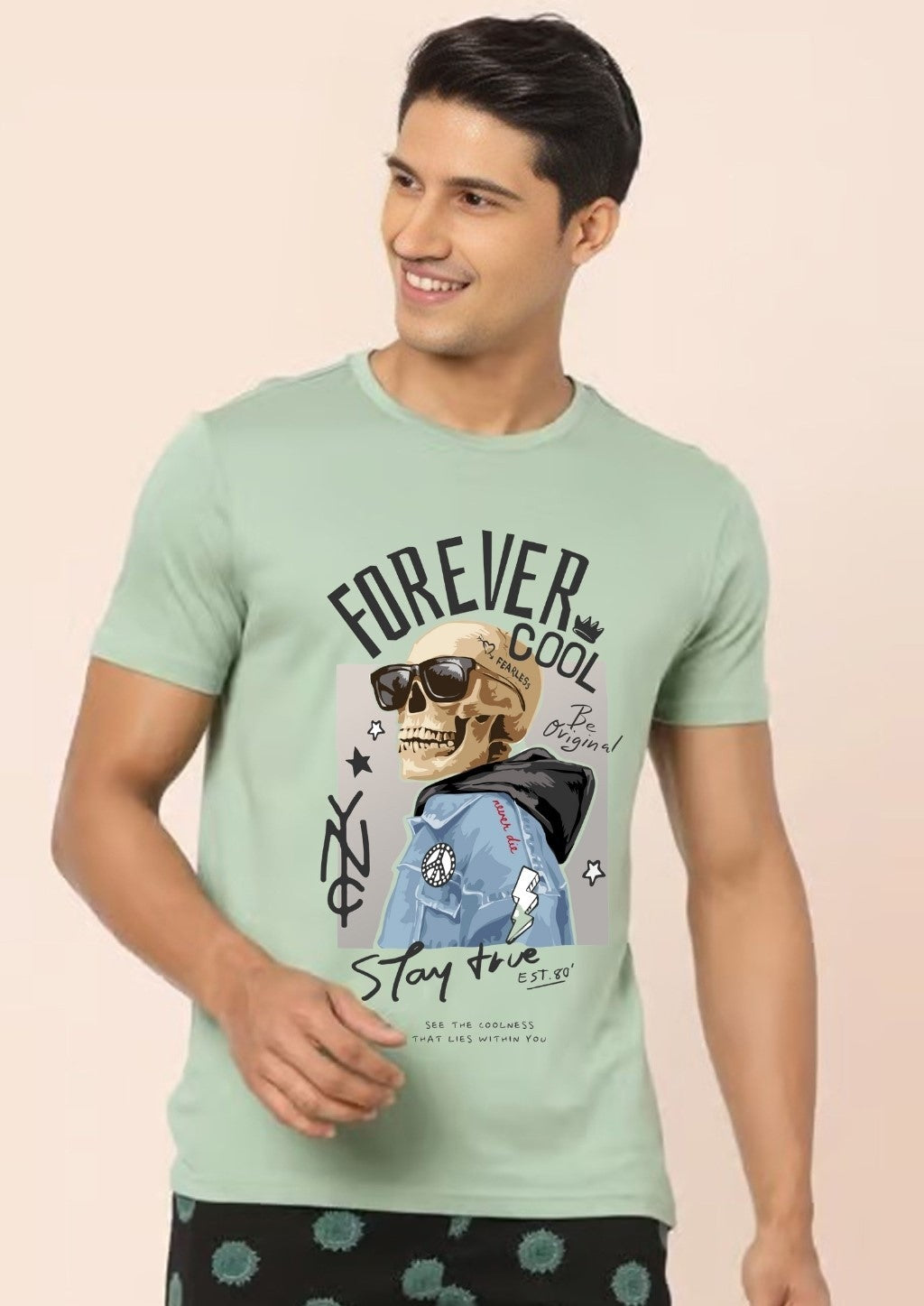 Men's Oversized Cotton T-Shirt - Sea Green Graphic Streetwear Tee - Green