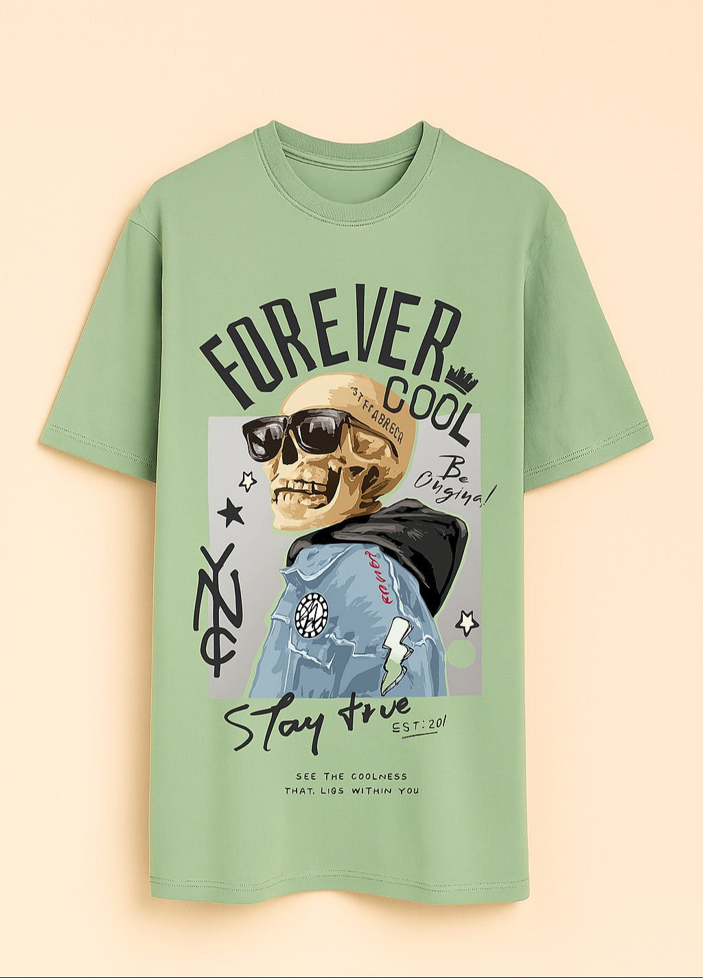 Men's Oversized Cotton T-Shirt - Sea Green Graphic Streetwear Tee - Green