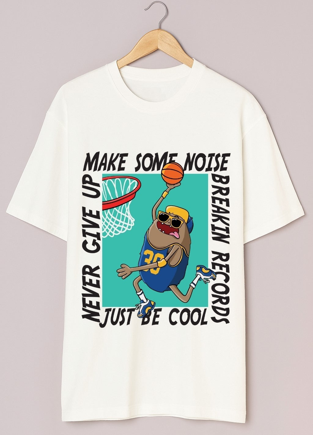 Men's Oversized Cotton T-Shirt - White Sports Graphic Street Style - White