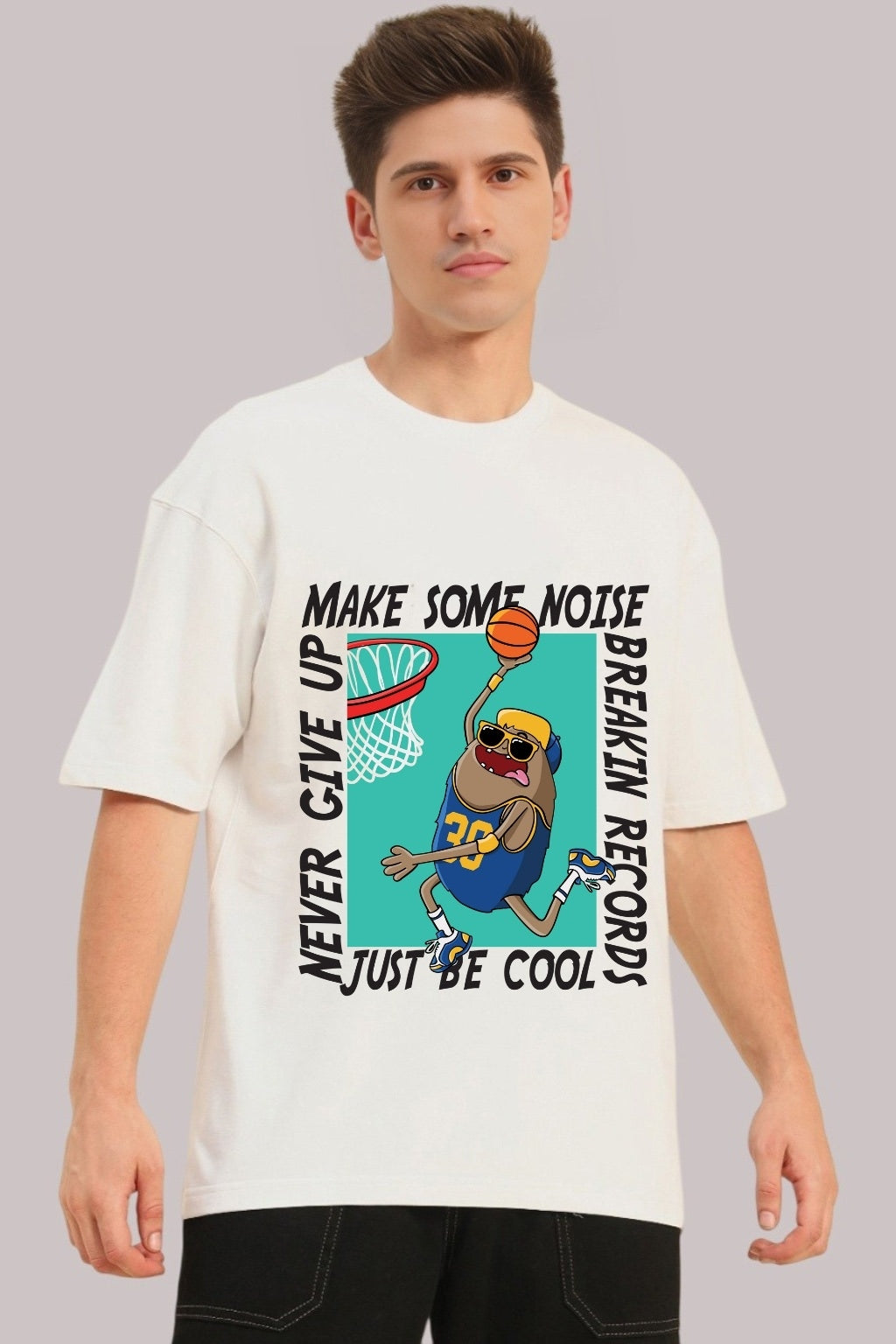 Men's Oversized Cotton T-Shirt - White Sports Graphic Street Style - White