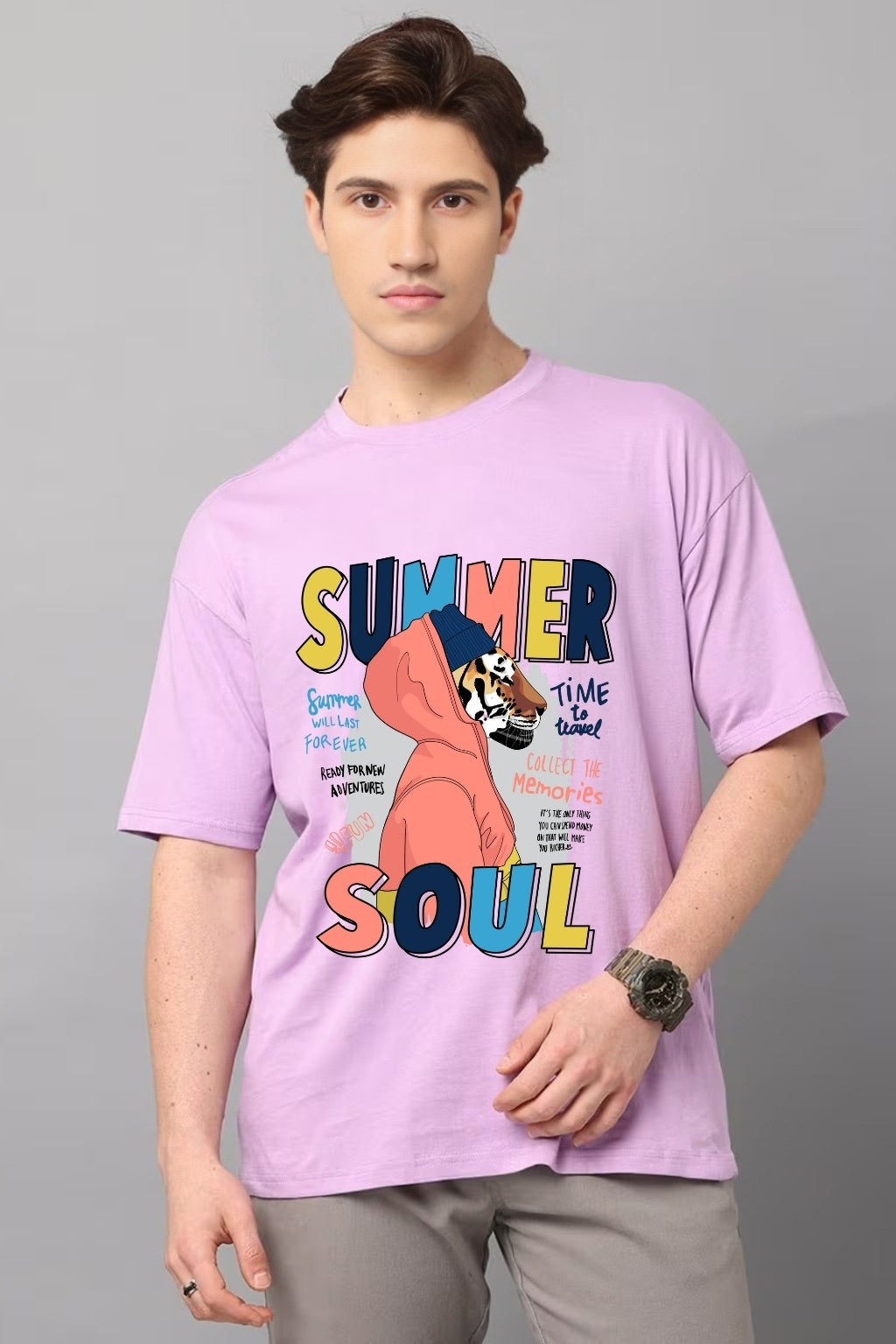 Men's Oversized Cotton T-Shirt - Graphic Printed Streetwear Tee - Lavender
