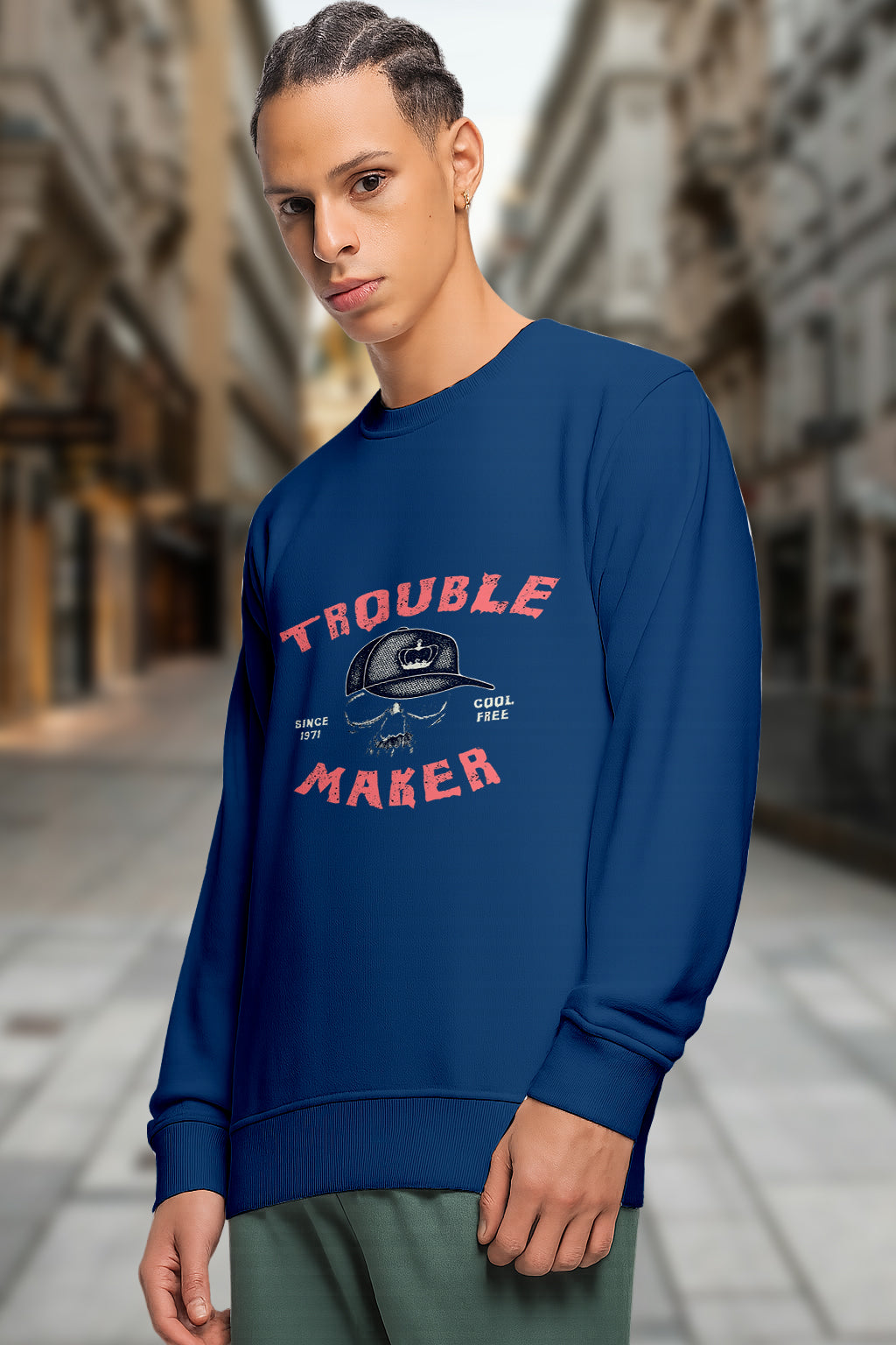 ActiveWear Men’s Graphic Print Sweatshirt – “Trouble Maker” Casual Crew Neck Pullover - Navy