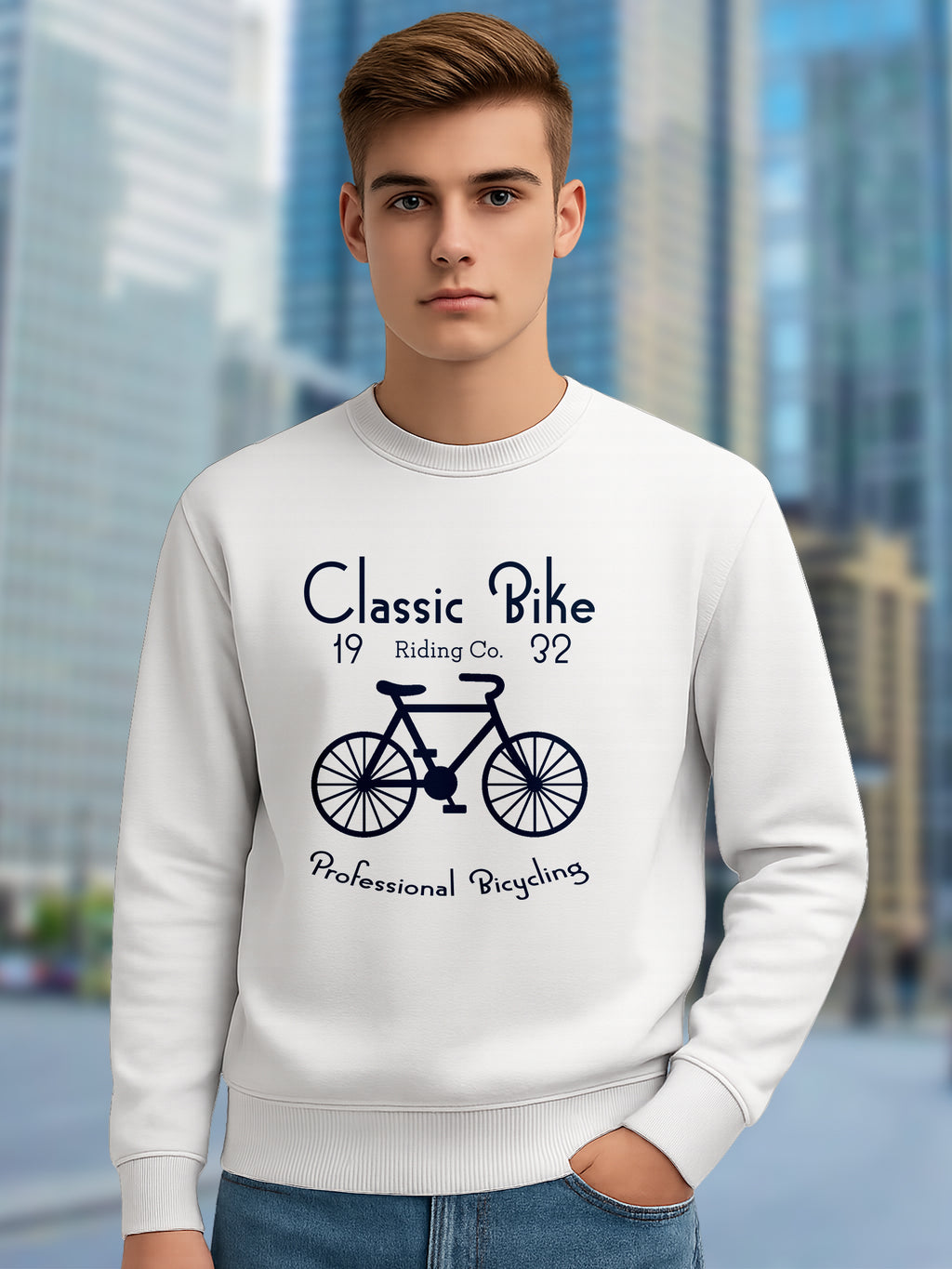 All Day Comfort Classic Bike Graphic Printed Sweatshirt for Men | White Cotton Blend Pullover - White