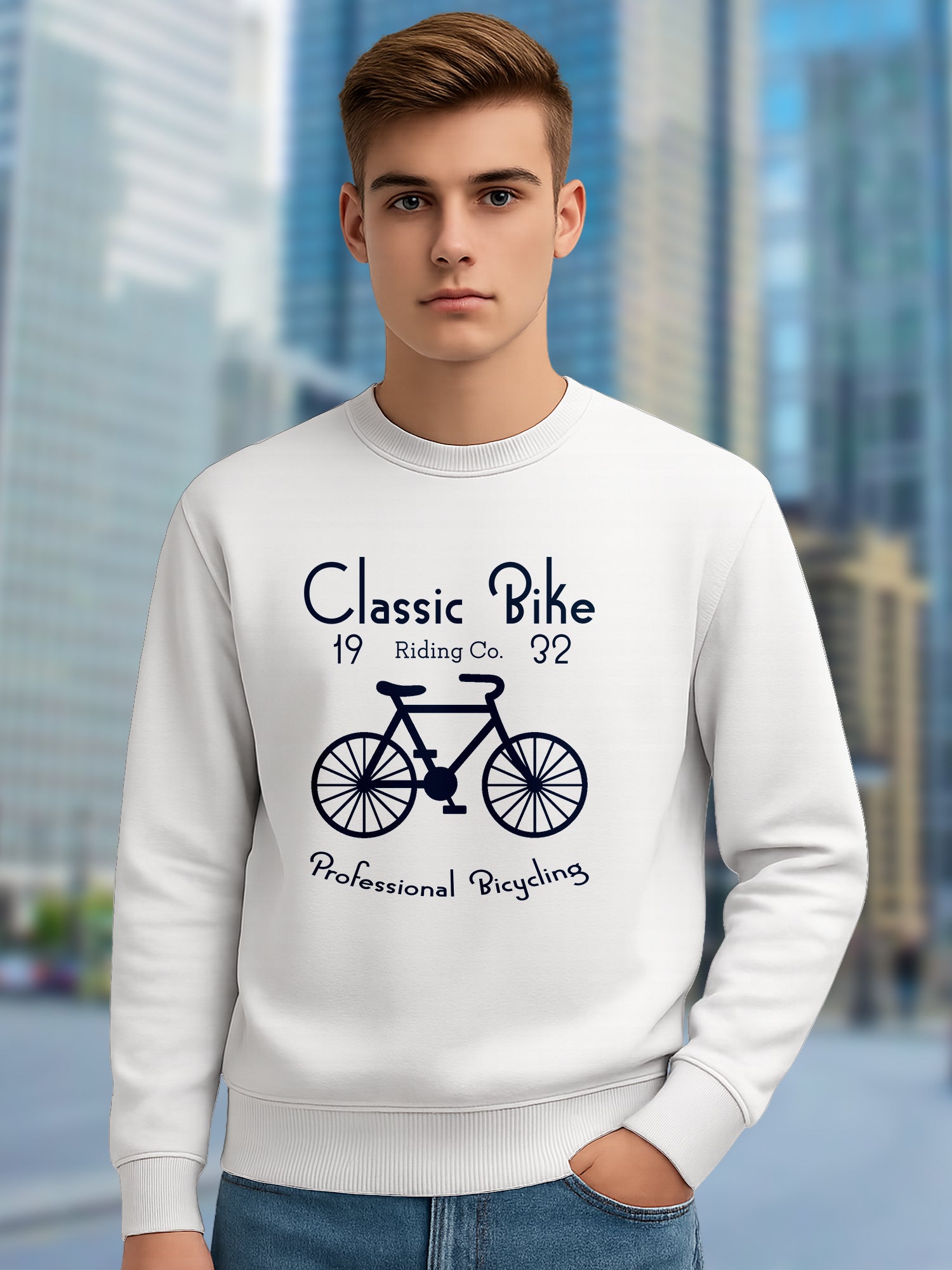 All Day Comfort Classic Bike Graphic Printed Sweatshirt for Men | White Cotton Blend Pullover - White