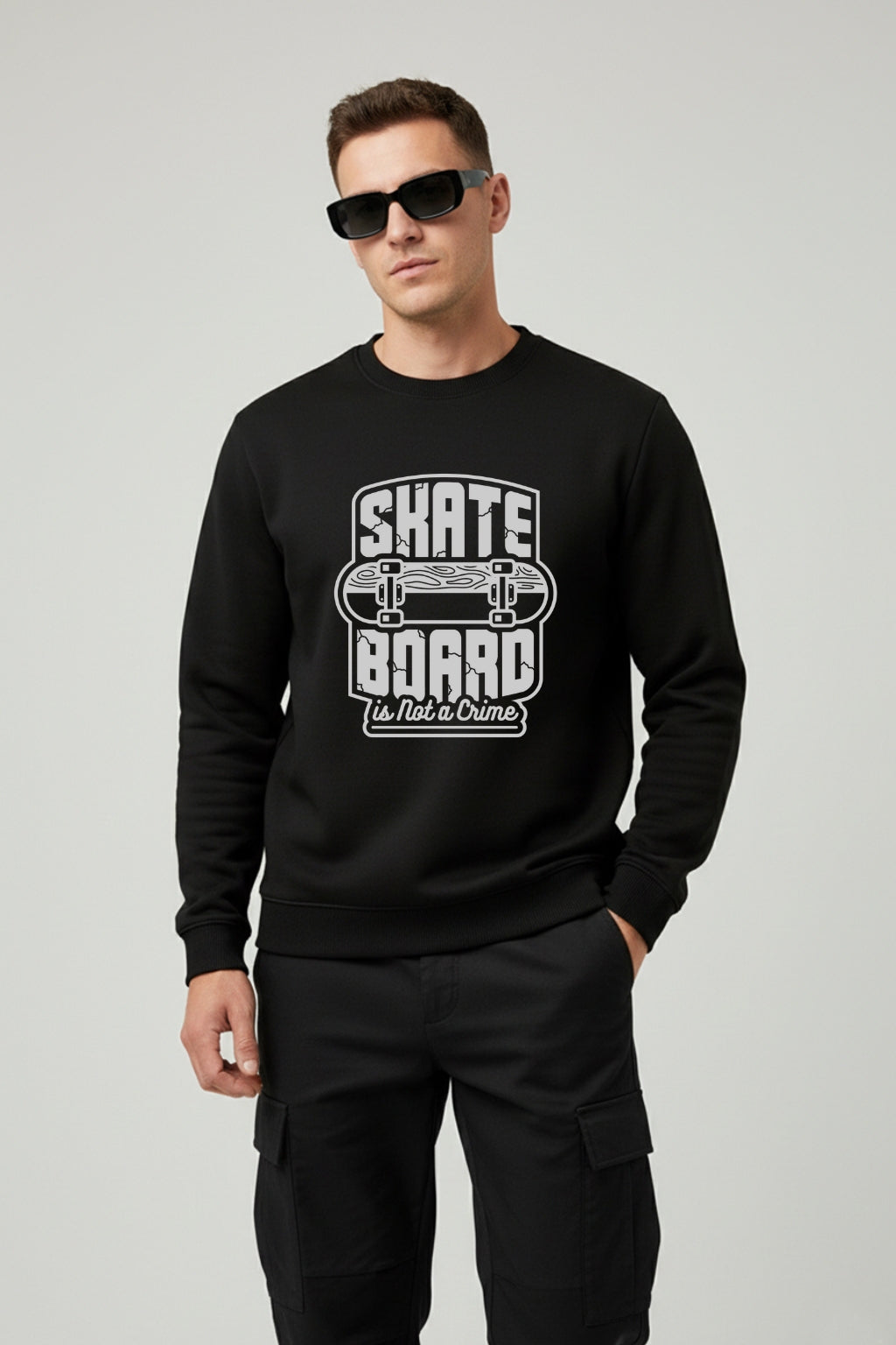 Active Wear Men’s “Skateboard Is Not a Crime” Graphic Sweatshirt – Black