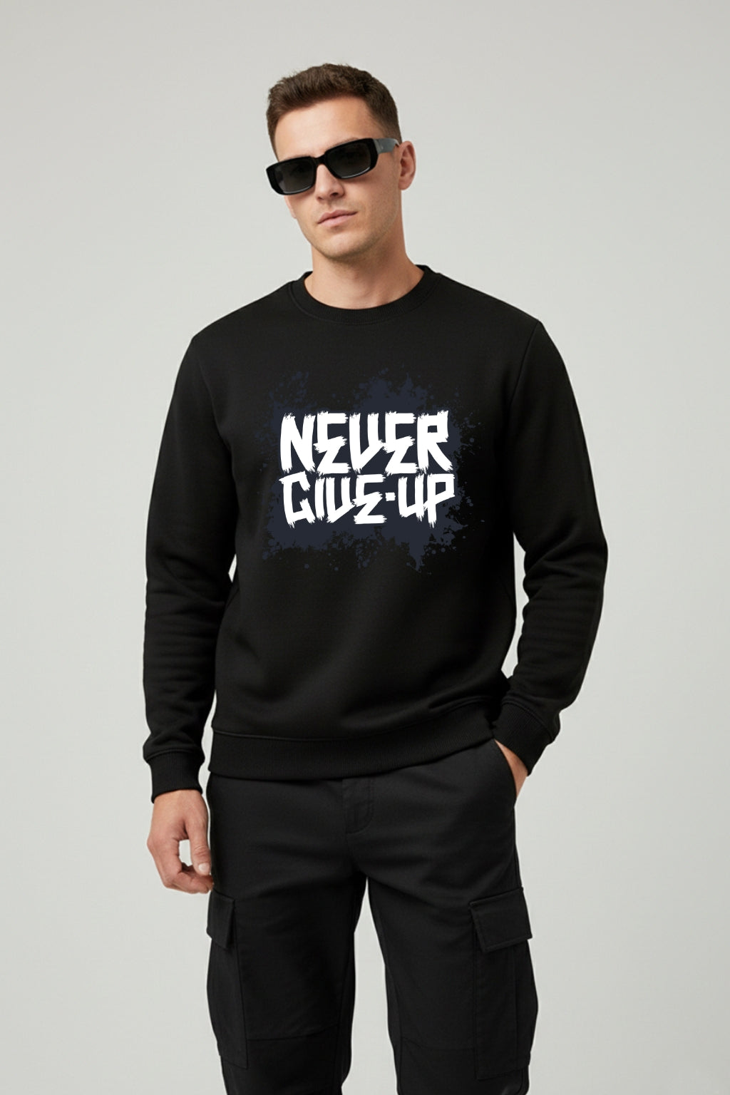 Active Wear Men's Black Graphic Sweatshirt – “Never Give Up” Motivational Print - Black