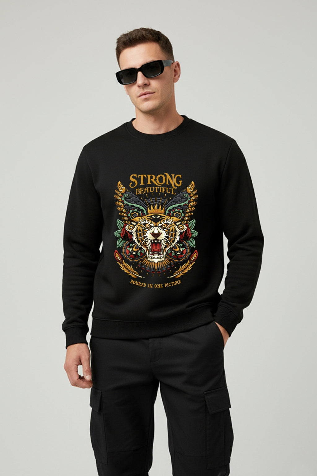 Active Wear Men’s “Strong Beautiful” Tiger Graphic Black Sweatshirt - Black