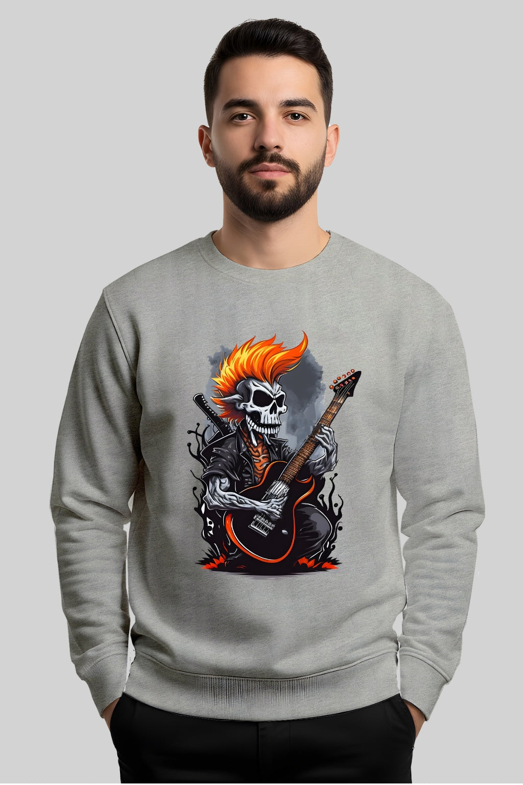 Active Wear Men’s “Rock Flame Skull Guitarist” Graphic Grey Sweatshirt - Grey