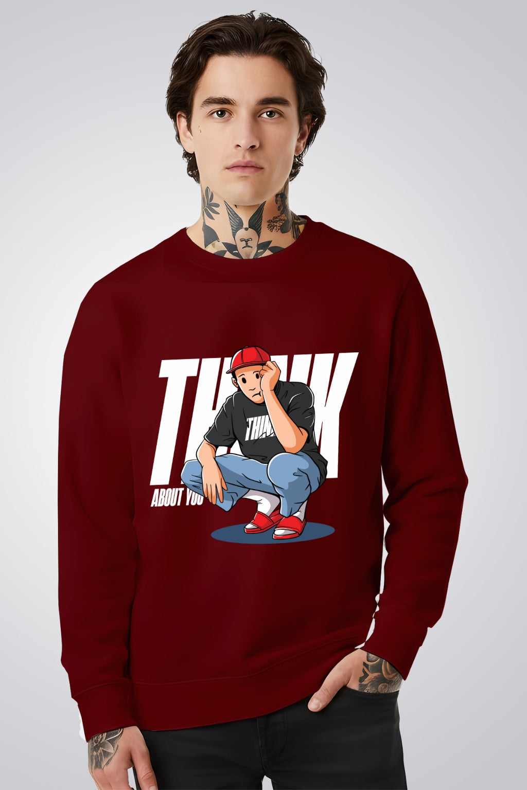 Active Wear Men’s “Think About You” Streetwear Graphic Maroon Sweatshirt - Maroon