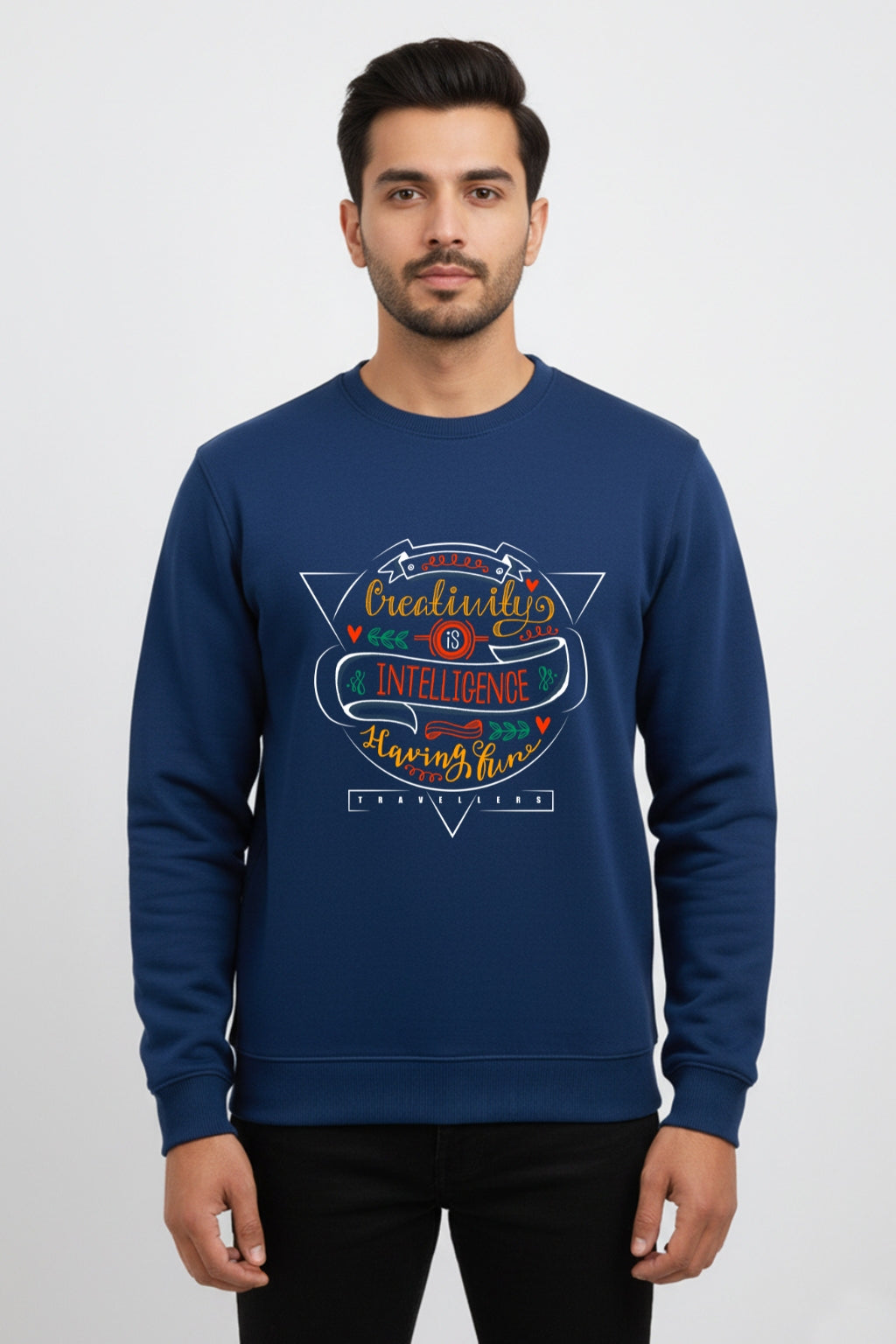 Active Wear Men’s “Creativity Is Intelligence Having Fun” Graphic Navy Blue Sweatshirt - Navy