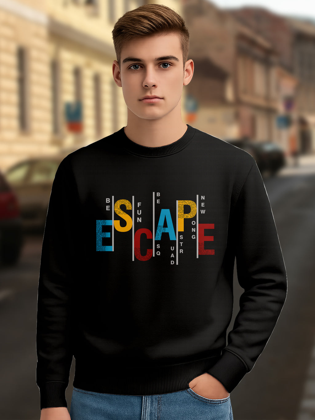 All Day Comfort Men’s Black Printed Sweatshirt – “ESCAPE” Graphic, Casual Full Sleeve, Regular Fit - Black