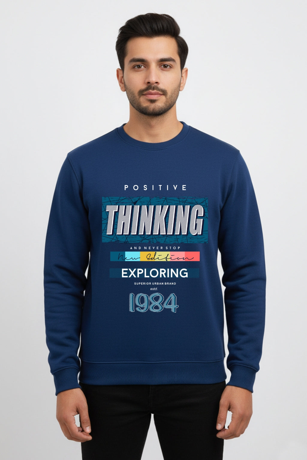 Active Wear Men’s “Positive Thinking 1984” Motivational Graphic Navy Blue Sweatshirt - Navy