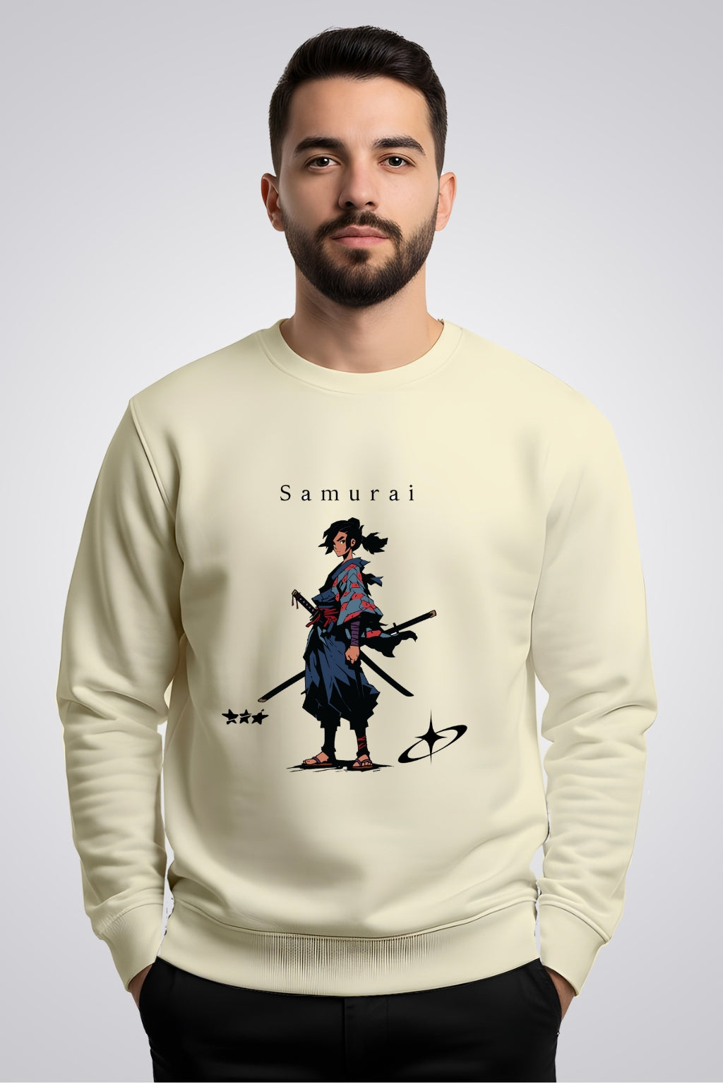 Active Wear Men’s “Samurai Warrior” Graphic Beige Sweatshirt - Offwhite