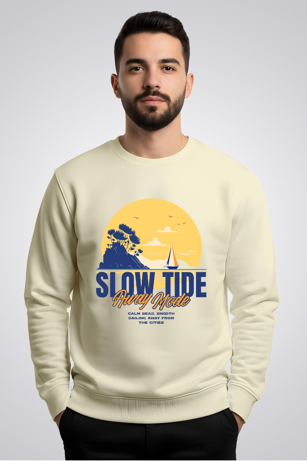 Active Wear Men’s “Slow Tide Away Mode” Beach Vibes Graphic Beige Sweatshirt - Offwhite