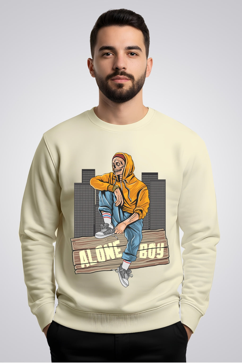 Active Wear Men’s “Alone Boy” Urban Streetwear Graphic Beige Sweatshirt - Offwhite