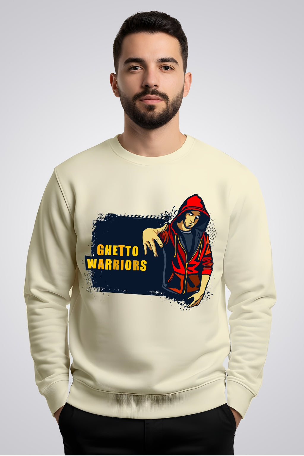 Active Wear Men’s “Ghetto Warriors” Urban Street Style Graphic Beige Sweatshirt - Offwhite