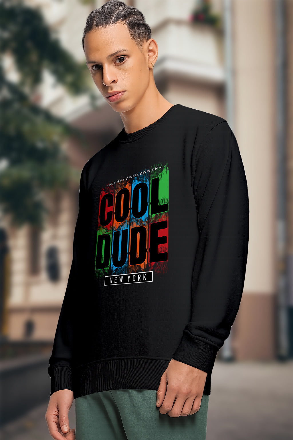 ActiveWear Men’s Black Cotton Sweatshirt – “Cool Dude New York” Printed Pullover - Black