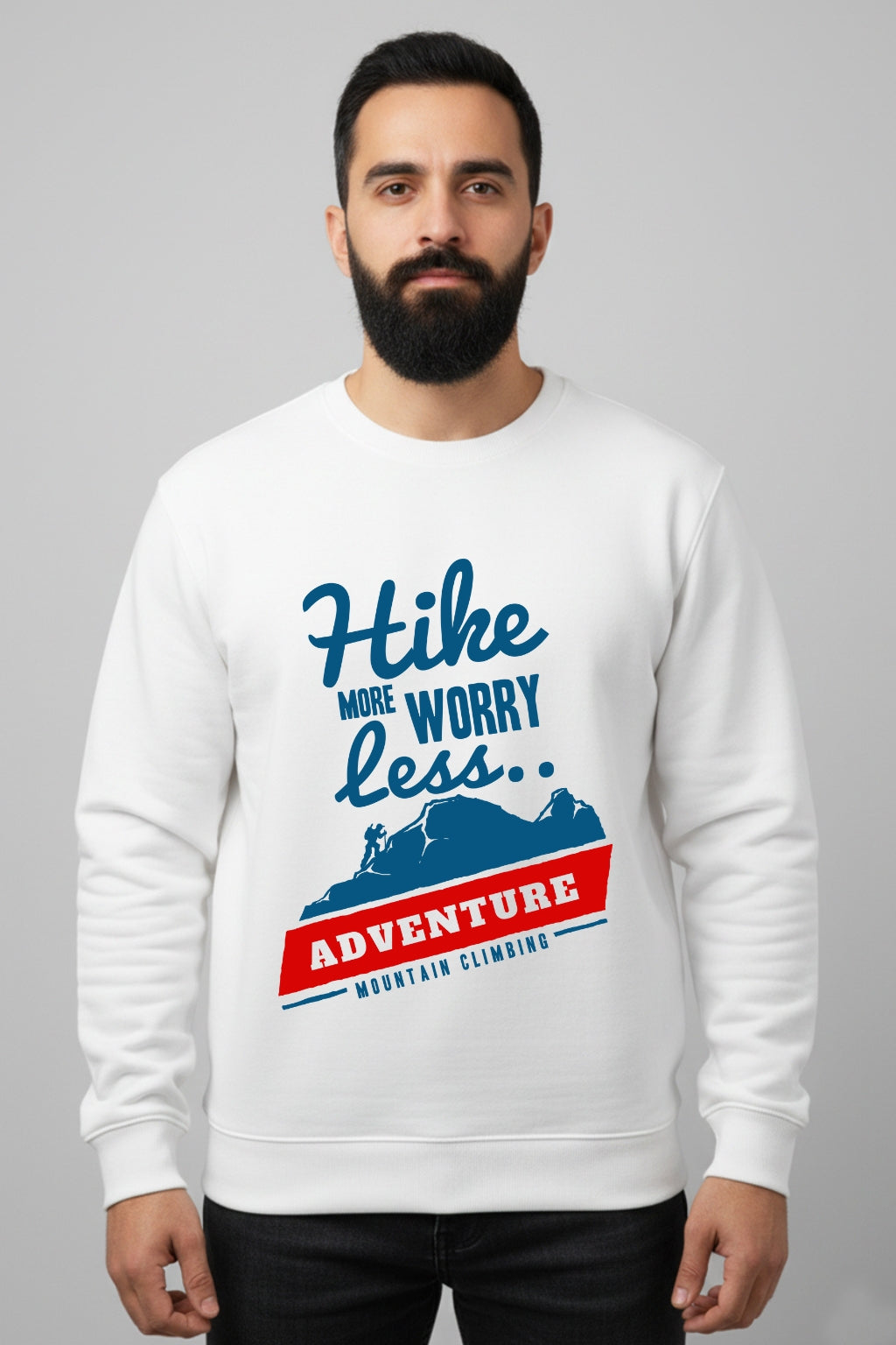 Active Wear Men’s “Hike More Worry Less” Adventure White Sweatshirt - White