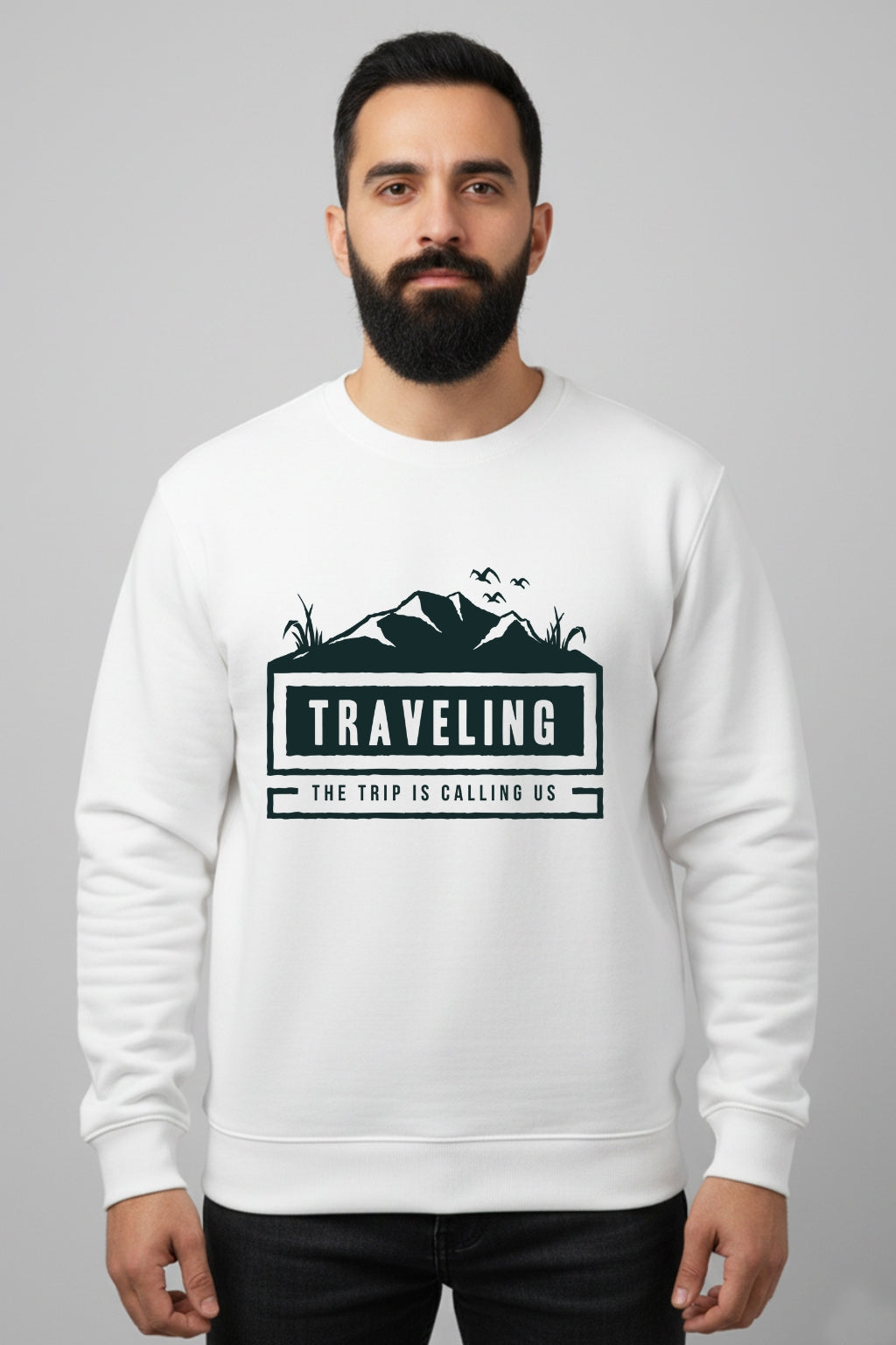 Active Wear Men’s “Traveling – The Trip Is Calling Us” Graphic White Sweatshirt - White