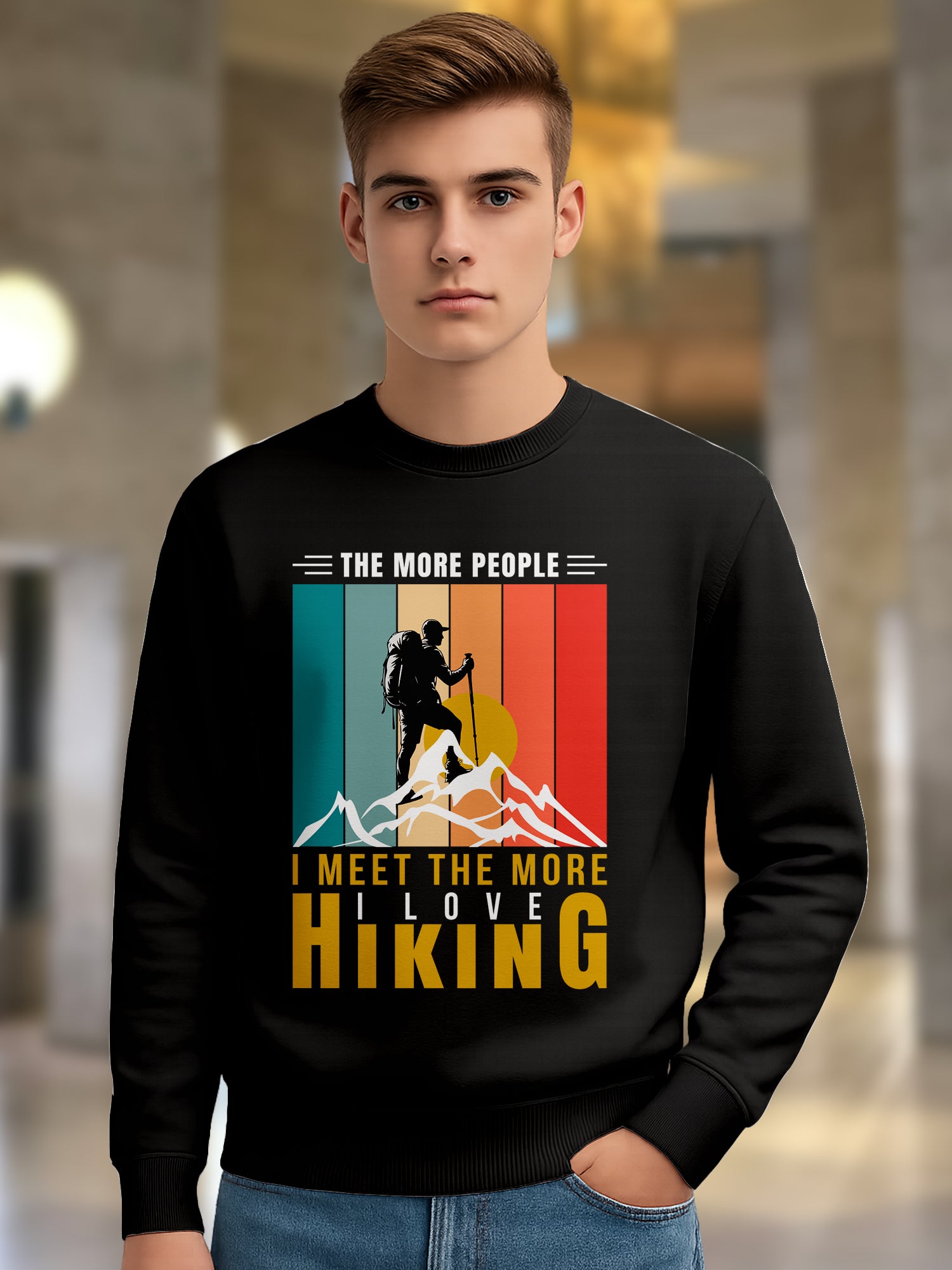 All Day Comfort Men’s Black Cotton Sweatshirt – “The More People I Meet The More I Love Hiking” Printed Pullover - Black