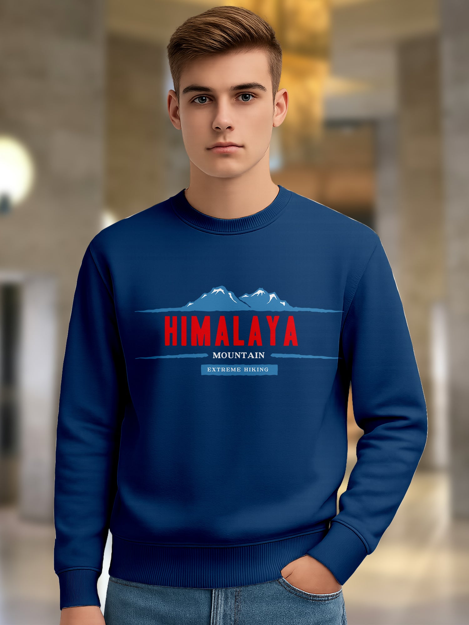 AllDay Comfort Men’s Cotton Blend Printed Sweatshirt – Himalaya Mountain Extreme Hiking Design, Crew Neck, Long Sleeve - Navy