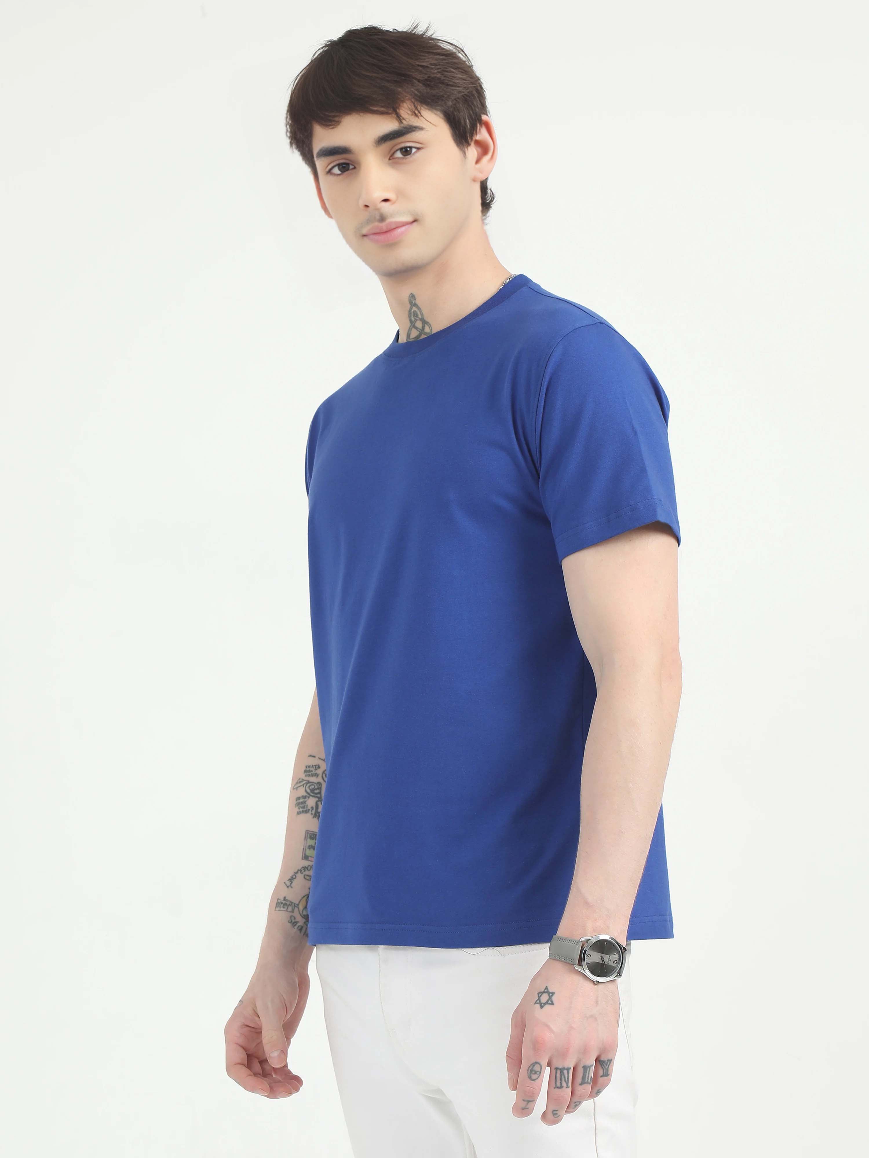 Fashient Men's Beige T-Shirt - Stylish, Comfortable and Everyday Essential - Blue