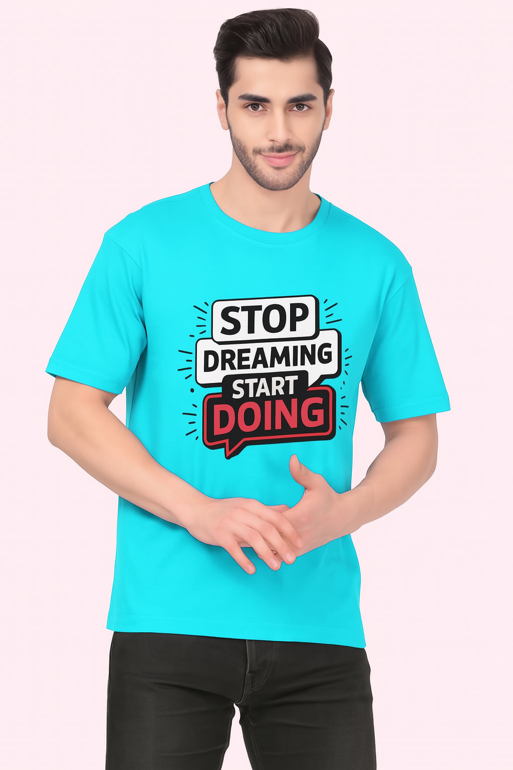 Men's Cotton Motivational Printed Crew Neck T-Shirt - Skyblue