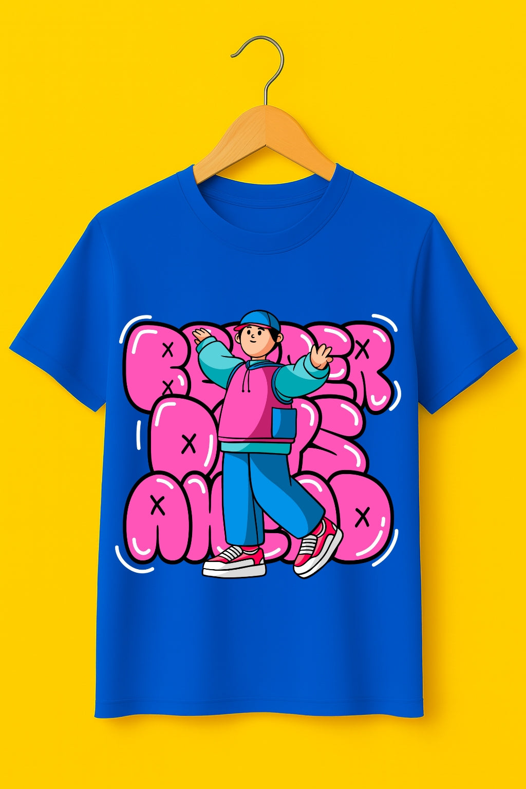 Men's Blue Cotton Graphic T-Shirt - Casual Street Style - Blue