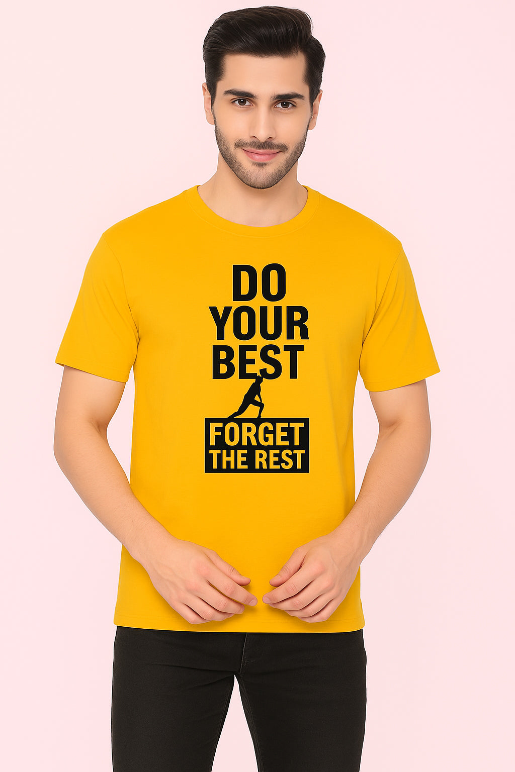 Men's Crew Neck Graphic Printed Casual T-Shirt - Yellow