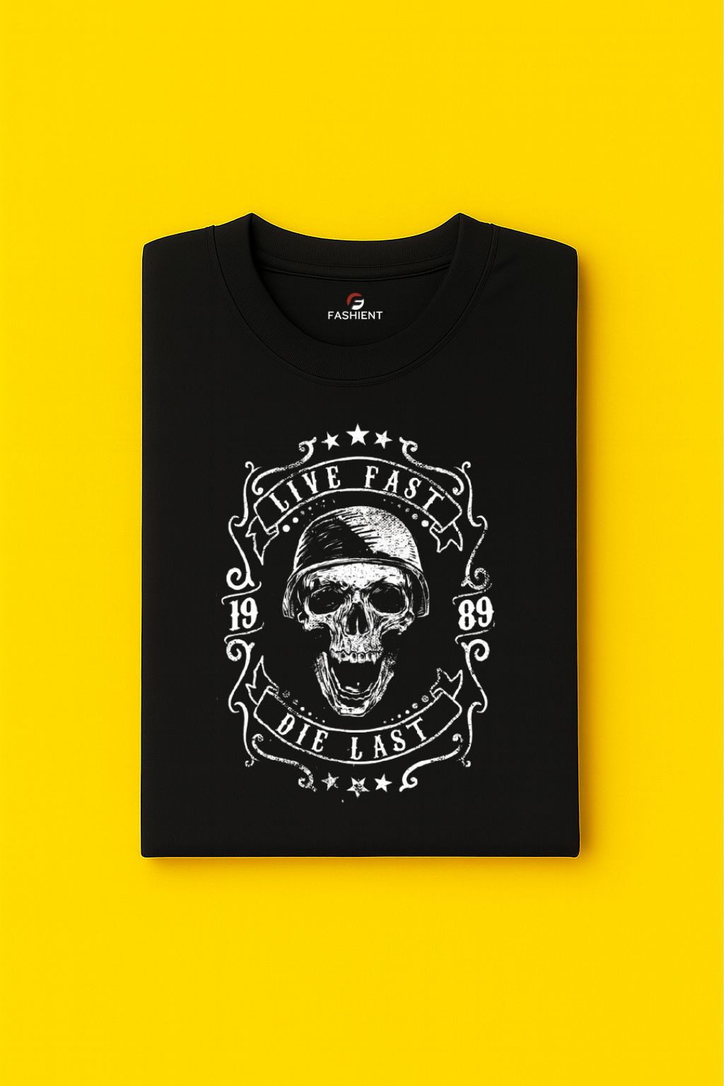 Men's Graphic Skull Print Black Cotton T-Shirt - "Live Fast Die Last" - Black