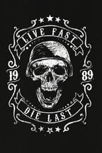 Men's Graphic Skull Print Black Cotton T-Shirt - "Live Fast Die Last" - Black