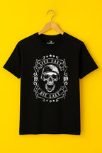 Men's Graphic Skull Print Black Cotton T-Shirt - "Live Fast Die Last" - Black