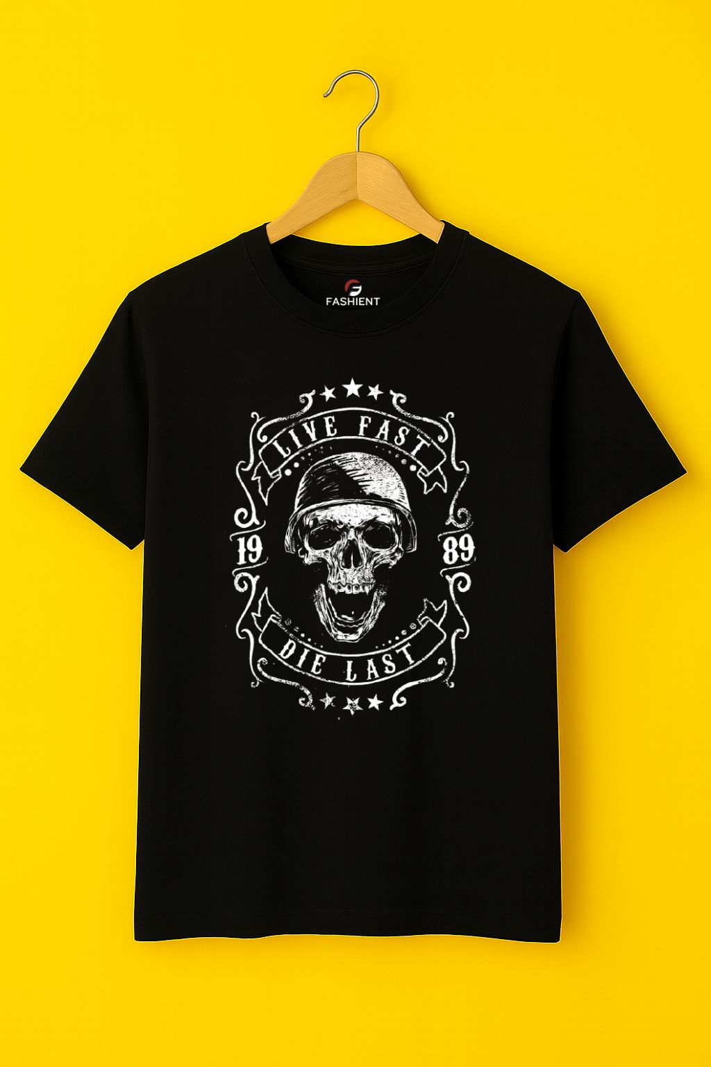 Men's Graphic Skull Print Black Cotton T-Shirt - "Live Fast Die Last" - Black
