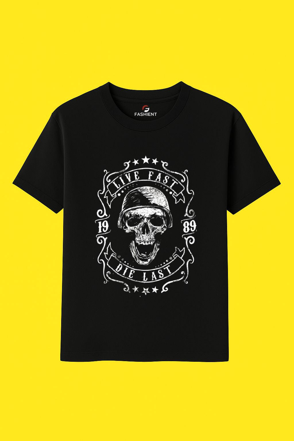 Men's Graphic Skull Print Black Cotton T-Shirt - "Live Fast Die Last" - Black