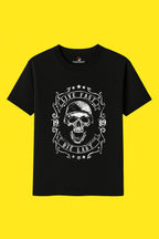 Men's Graphic Skull Print Black Cotton T-Shirt - "Live Fast Die Last" - Black