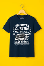 Men's Cotton Printed T-Shirt - "American Custom Motorcycle" Graphic Road Tested Half Sleeve Tee - Navy