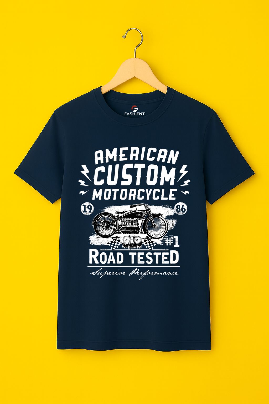 Men's Cotton Printed T-Shirt - "American Custom Motorcycle" Graphic Road Tested Half Sleeve Tee - Navy