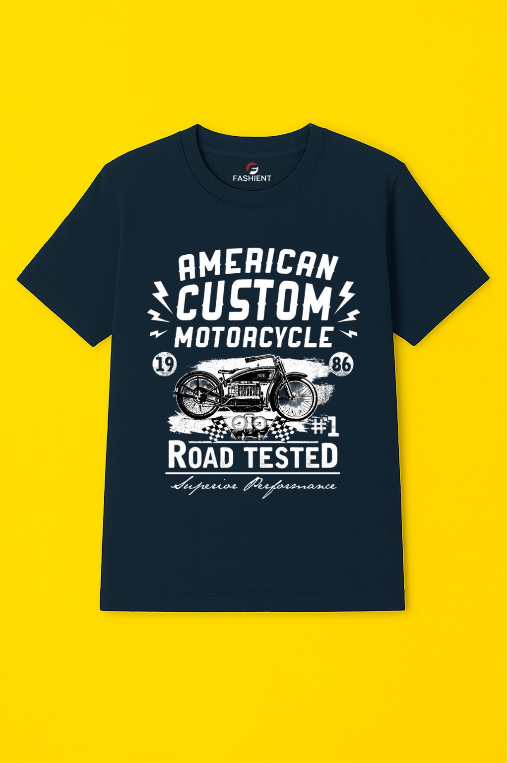 Men's Cotton Printed T-Shirt - "American Custom Motorcycle" Graphic Road Tested Half Sleeve Tee - Navy