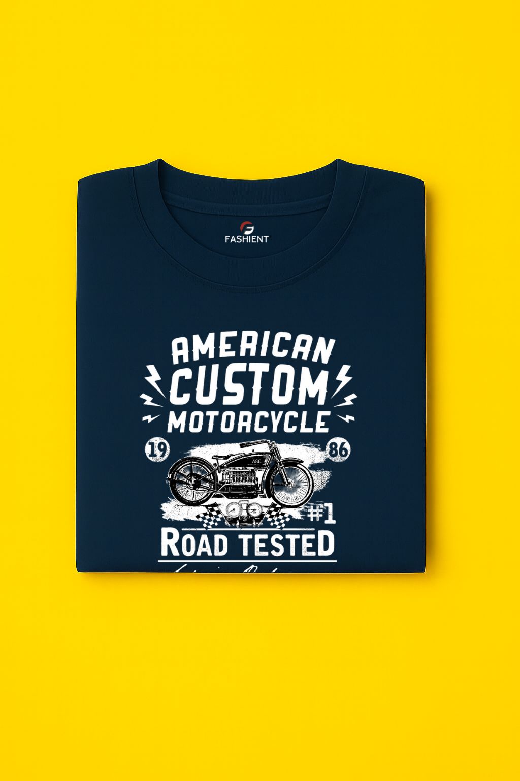 Men's Cotton Printed T-Shirt - "American Custom Motorcycle" Graphic Road Tested Half Sleeve Tee - Navy