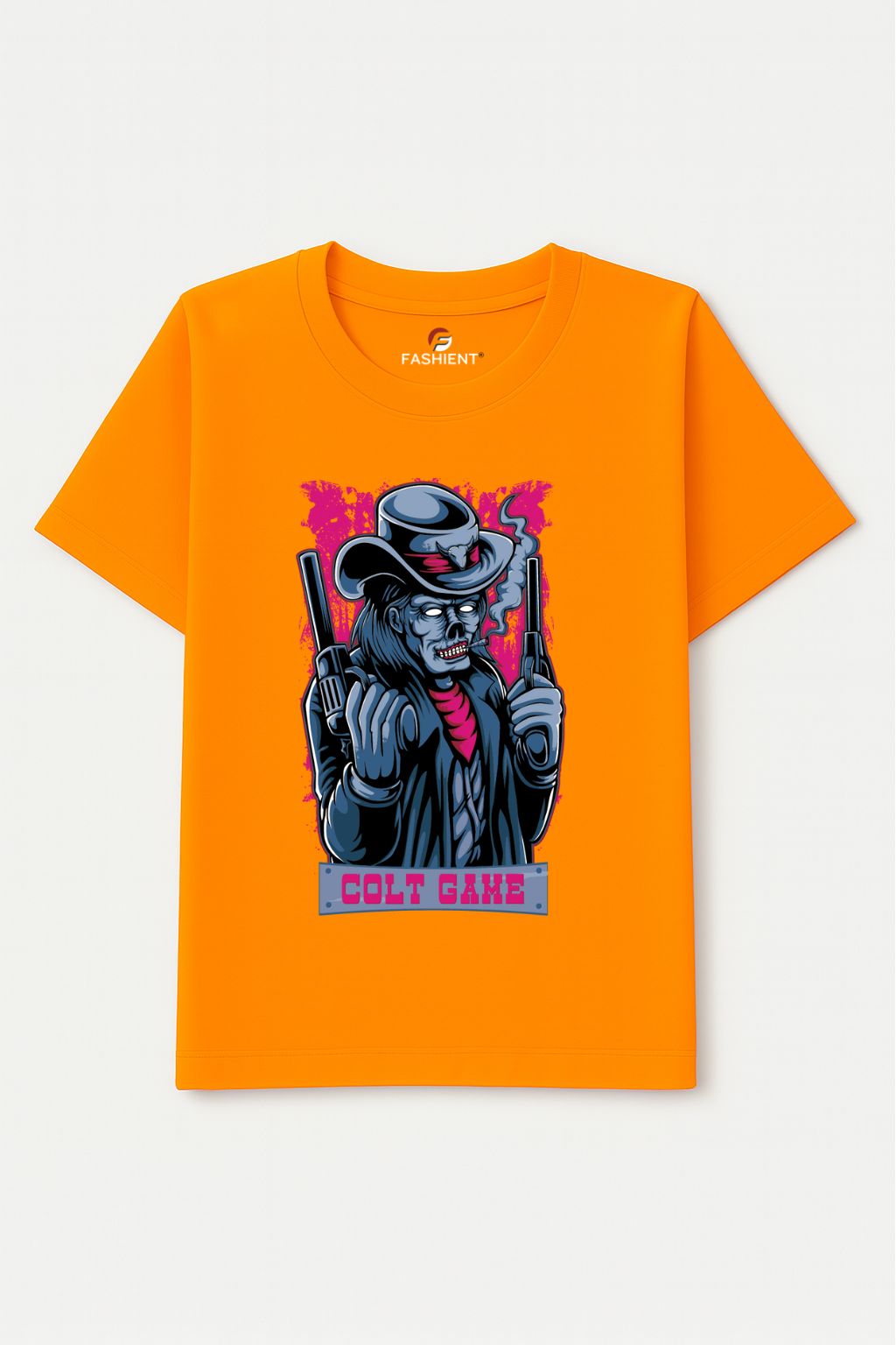 Men's Cotton Printed T-Shirt - "Colt Game" Graphic Half Sleeve Casual Tee - Orange